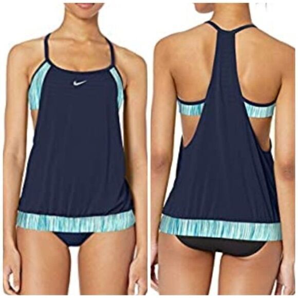 NEW Nike Layered Sport Tankini Swimsuit Set Two Piece Womens Size S Blue - Picture 3 of 6
